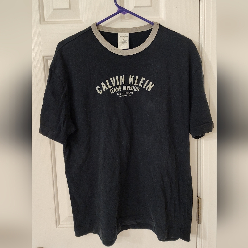 Calvin Klein Jeans T Shirt 90s Vintage Big Logo Blue/Gray, Men's Medium